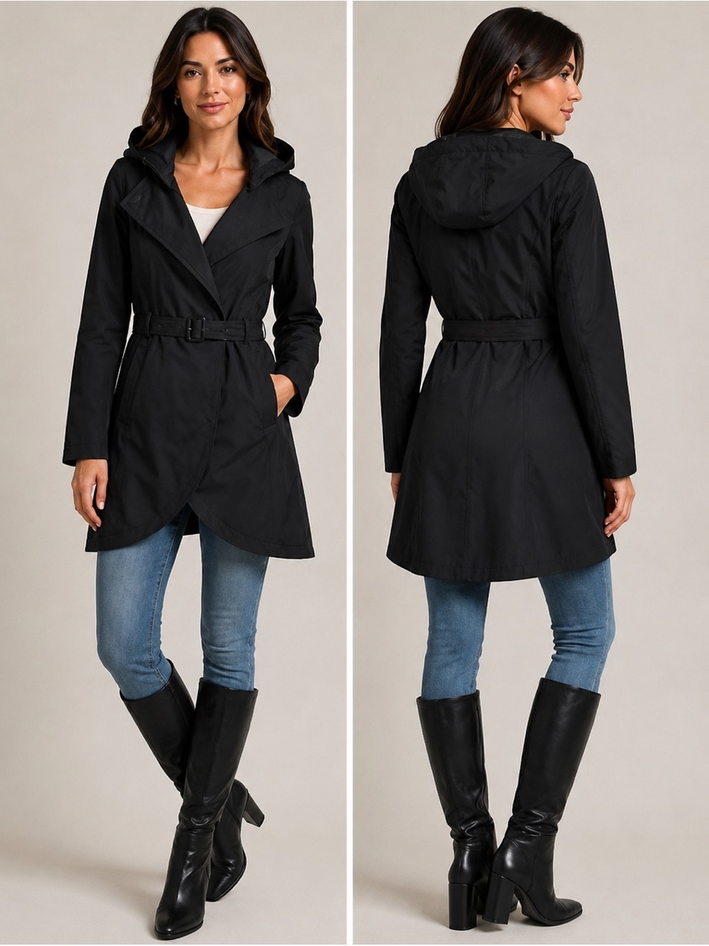 Soia & Kyo Hooded Utility Trench Rain Coat | Black | Size M Lightweight Sleek